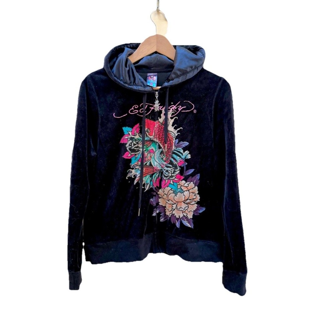 Ed Hardy Y2K Women’s Koi Print Rhinestone Black Velvet Zip Up Hoodie Vintage